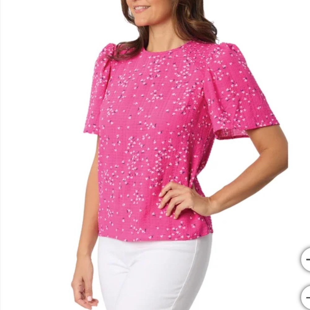 Draper James Pink Blouse with Boxy Style and Short Puff Sleeves - Picture 2 of 4